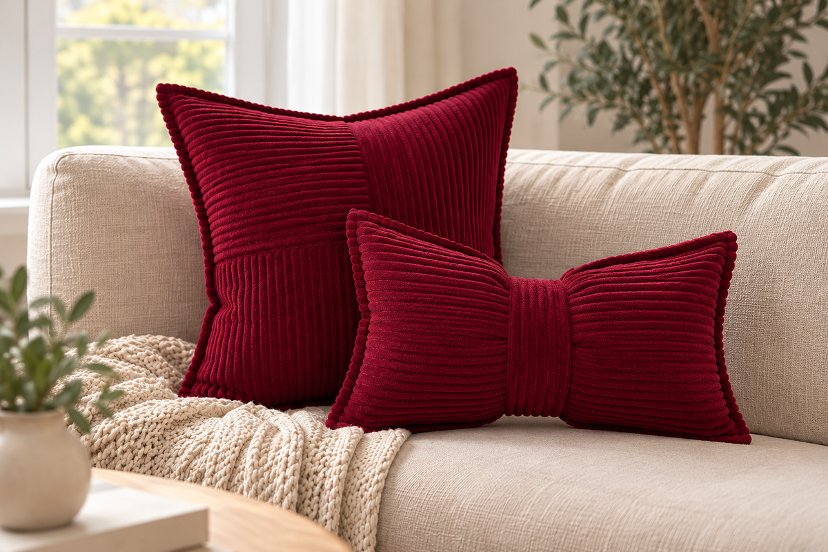 Cord Kissen 2er Set – Dekokissen mit geometrischem Muster und Schleife