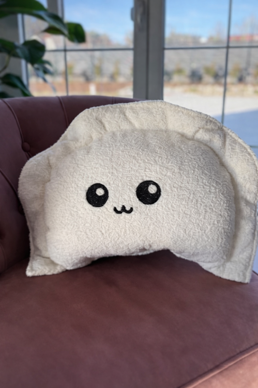 Coussin en forme de pierogi avec broderie – Design ravioli avec yeux ouverts ou fermés 