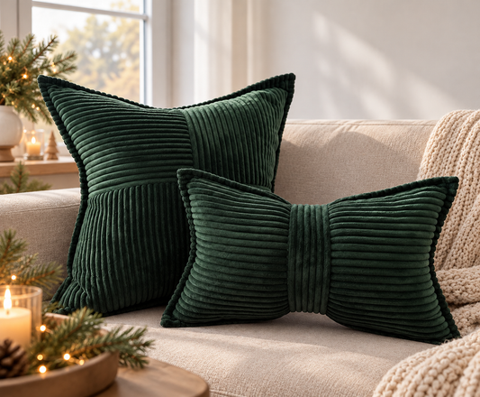 Cord Kissen 2er Set – Dekokissen mit geometrischem Muster und Schleife